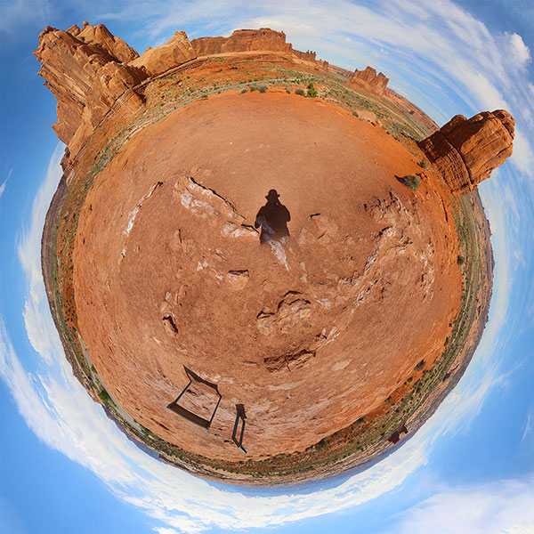 Ned taking a “little planet” in the desert in Arches National Park
