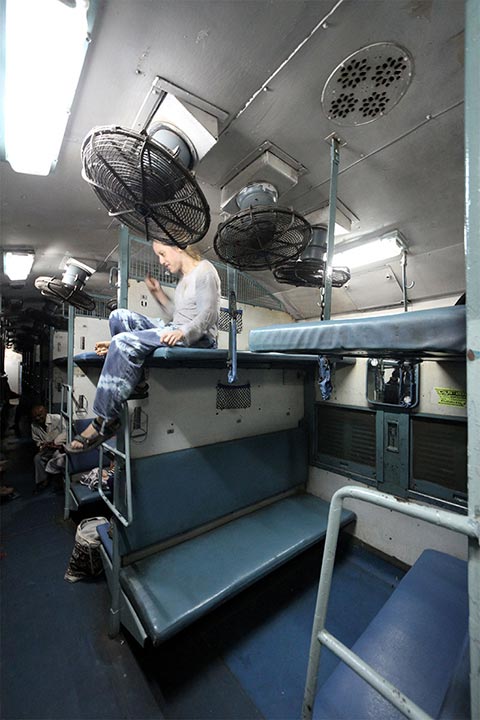 Bronwen on the top bunk of a the sleeper train to Kanyakumari.