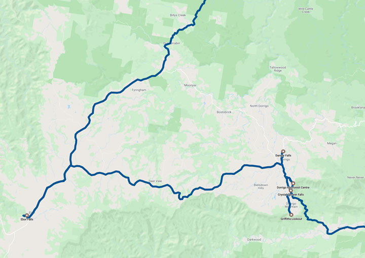 Map: Dorrigo to Ebor Falls