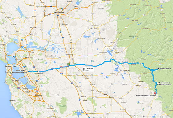 We drove from Castro Valley, California to Yosemite National Park, California, then on to Oakhurst, California.