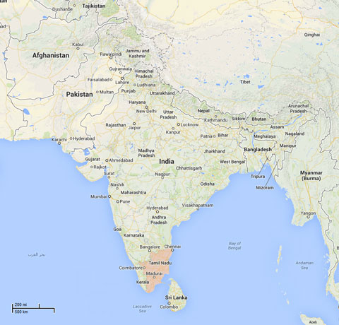 Map showing Tamil Nadu