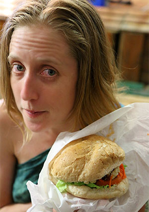 Bronwen with a Fine Earth Foods burger