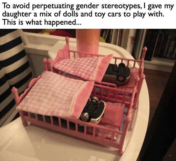 To avoid perpetuating gender stereotypes, I gave my daughter a mix of dolls and toy cars to play with. This is what happened…
