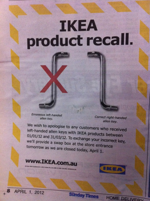 April Fools IKEA Product Recall - Left-Handed Allen Key