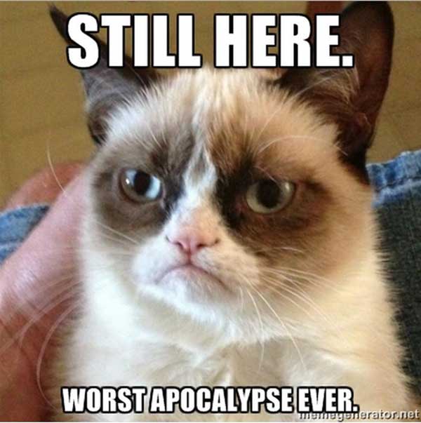 [A grumpy cat the day the Mayan calendar ended] “Still Here. Worst Apocalypse Ever.”
