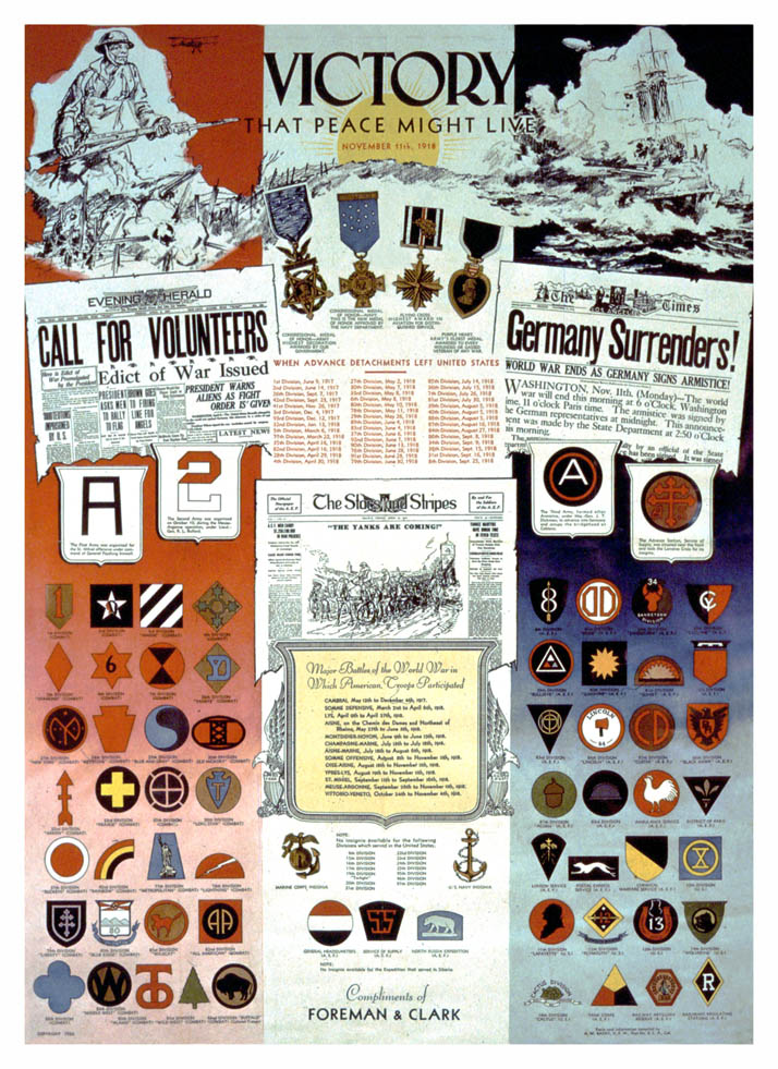A commemorative poster of World War I displaying badges and newspaper headlines