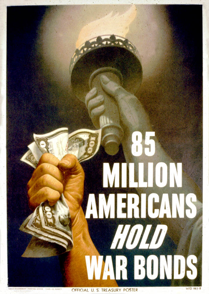 A hand clutching war bonds is held adjacent to the Statue of Liberty's raised arm