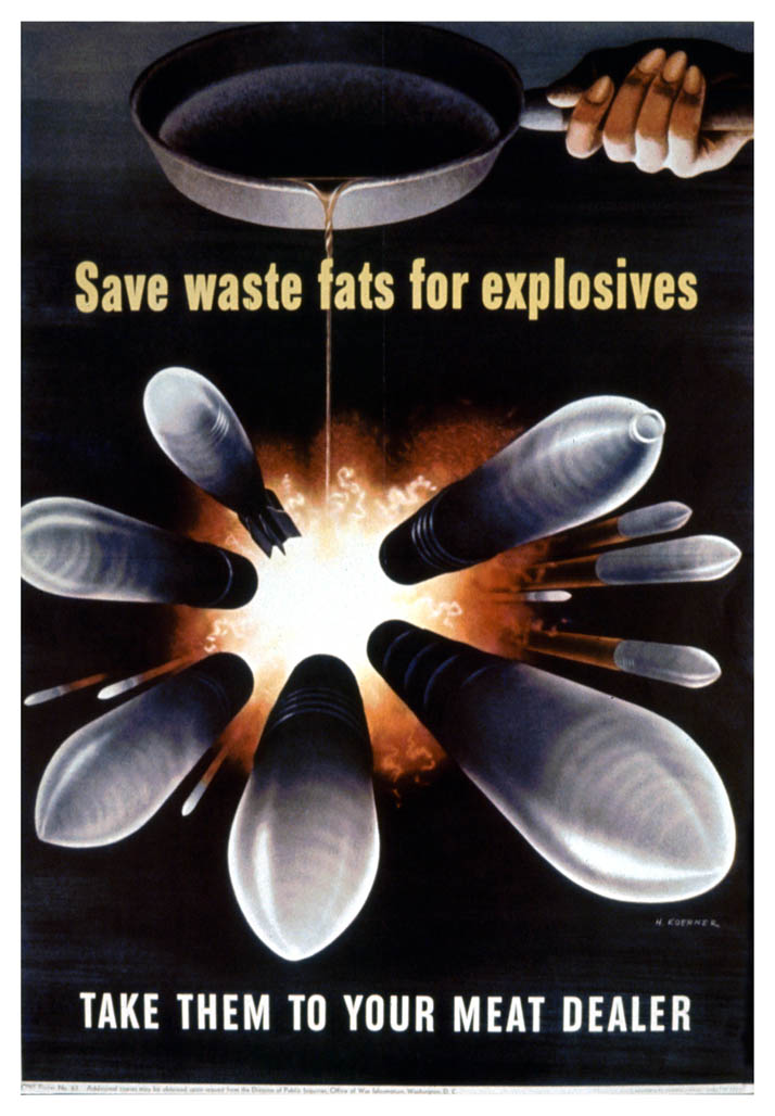 A pan pours fat into an explosion from which bombs are sent flying toward the viewer