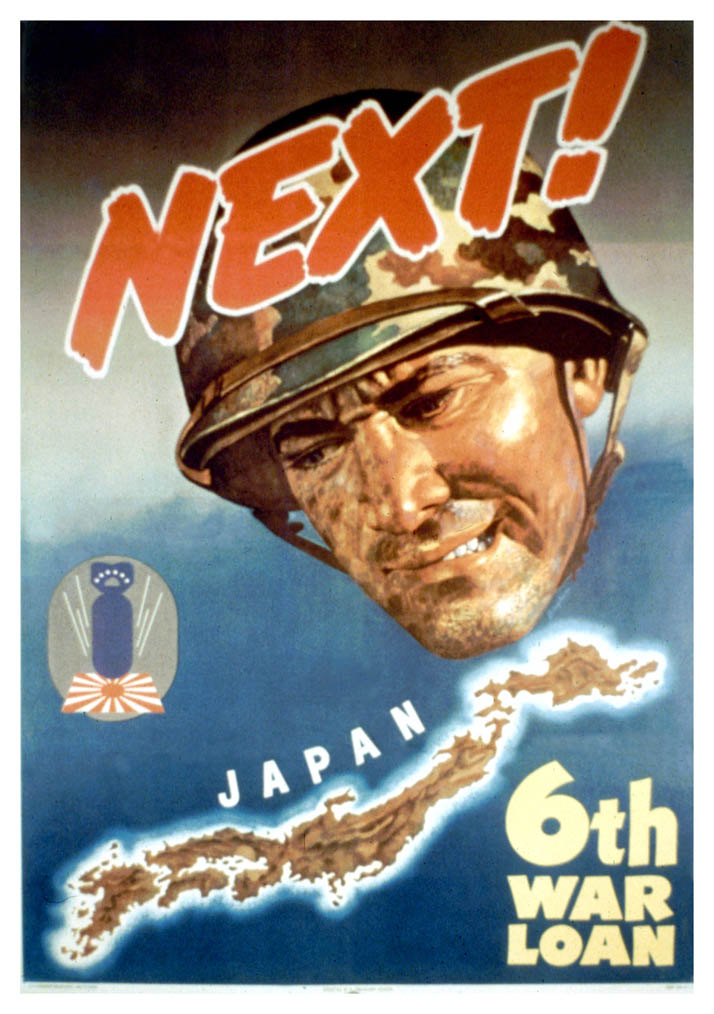 A soldier's face is juxtaposed with a map of Japan