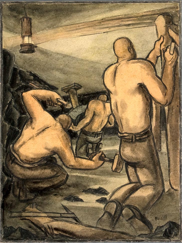 INF3 158 Coal miners at work, cutting coal and propping Artist George Bissill