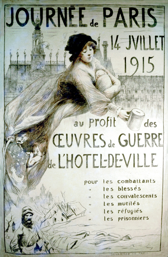 Image of a woman holding out an alms tin with children, a soldier, and the Hotel de ville in the background