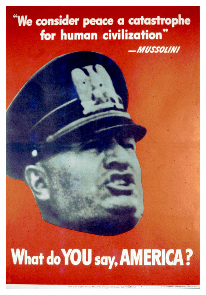 The face of Mussolini over a red background