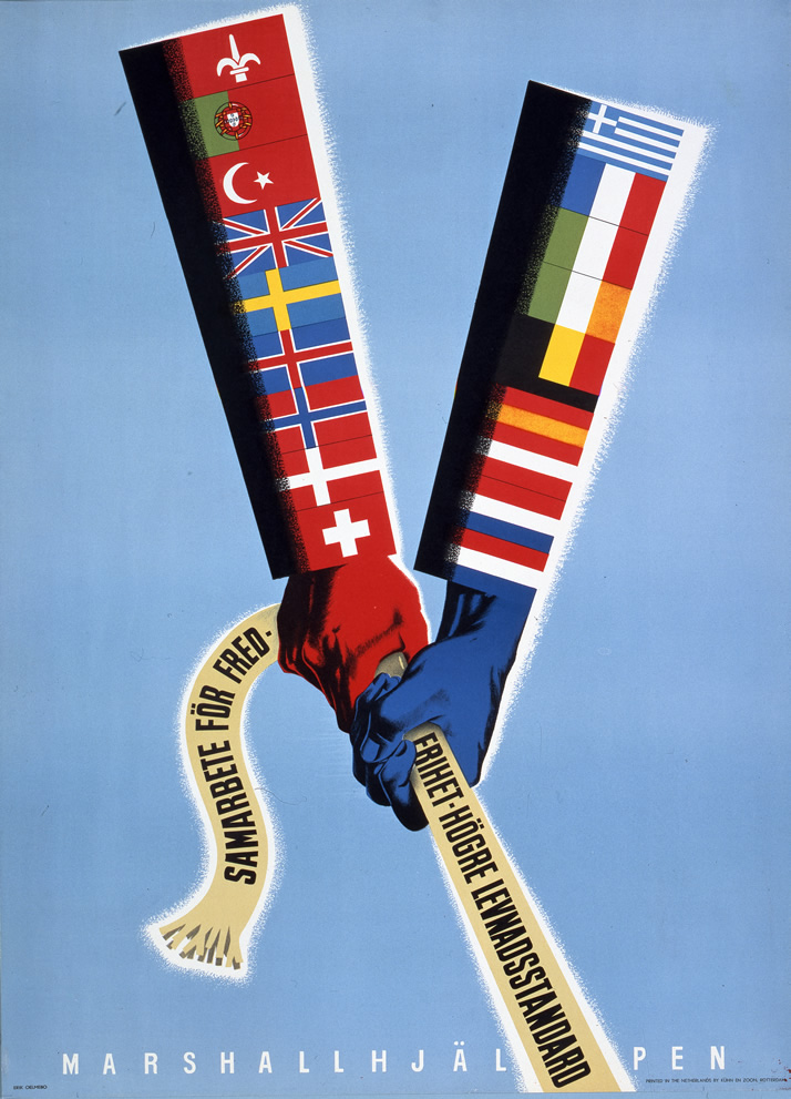 Two arms, bearing the flags of European nations, pull on a scarf bearing the text