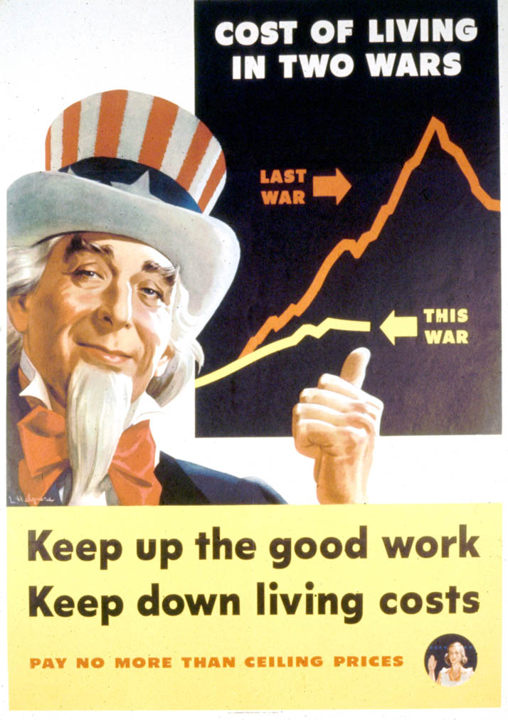 Uncle Sam points to a graph comparing the living costs of World War I and World War II