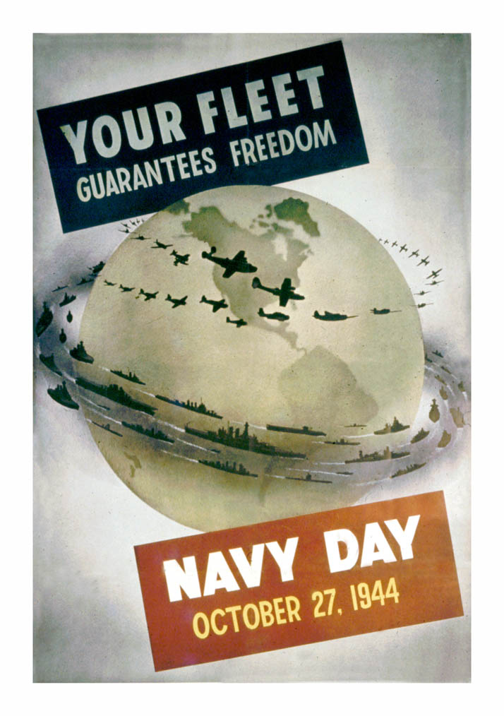 Warships and aircraft encircle a globe