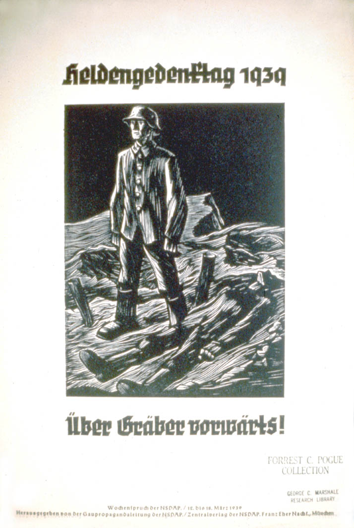 Weekly NSDAP slogan with a depiction of a soldier standing adjacent to a dead comrade