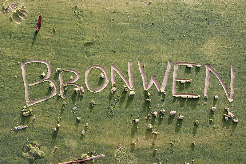 “Bronwen” written in green sand