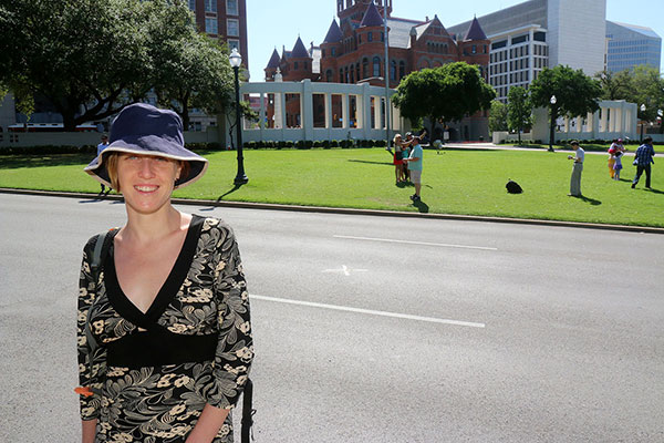 Bronwen posing where JFK was shot