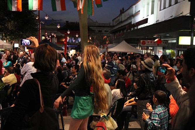 Bronwen dancing at the Indian Independence Day Festival, Fortitude Valley