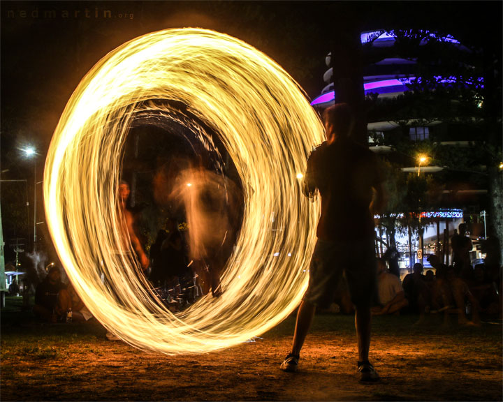 Fire twirling at Burleigh Bongos, Justins Park, Burleigh Heads