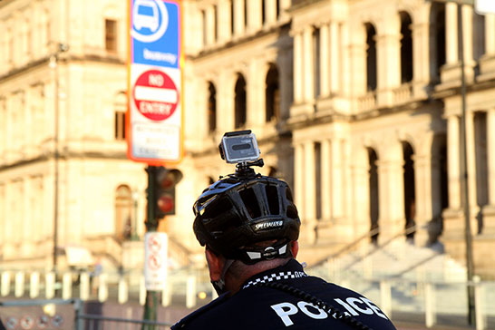 A police cyclist wearing a go-pro