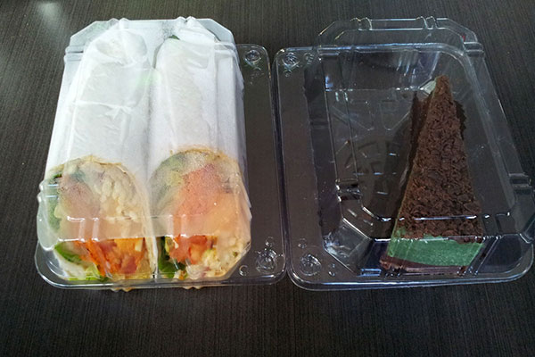 Lunch: a veggie wrap and a mint chocolate cake