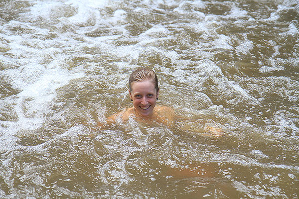 Bronwen pretends the water is not cold