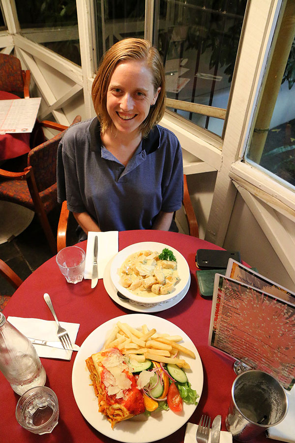 Bronwen, pumpkin gnocchi with blue cheese sauce, vegetable lasagne, and the remains of a vanilla thickshake