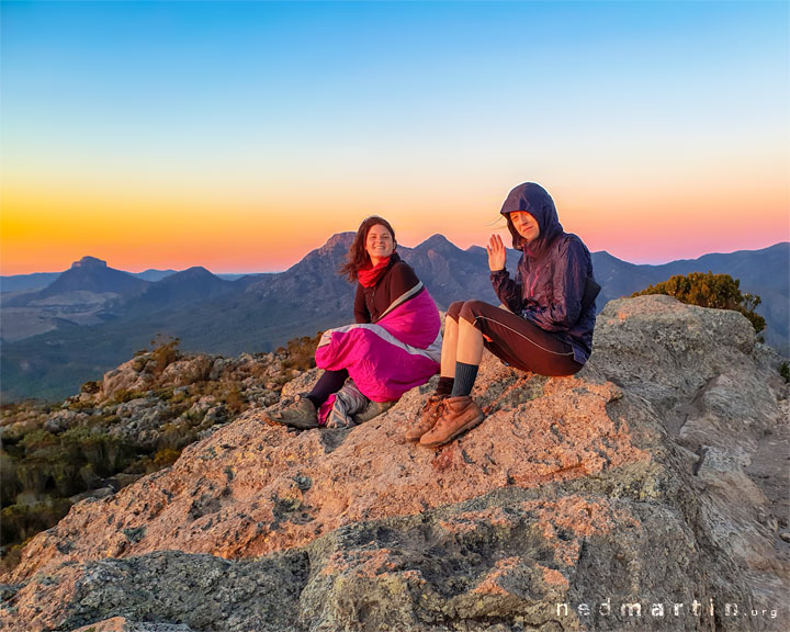 Bronwen & Carissa watching the sun rise from Mt Maroon