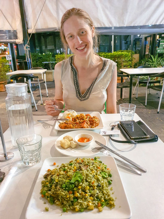 Bronwen having dinner at The Loving Hut