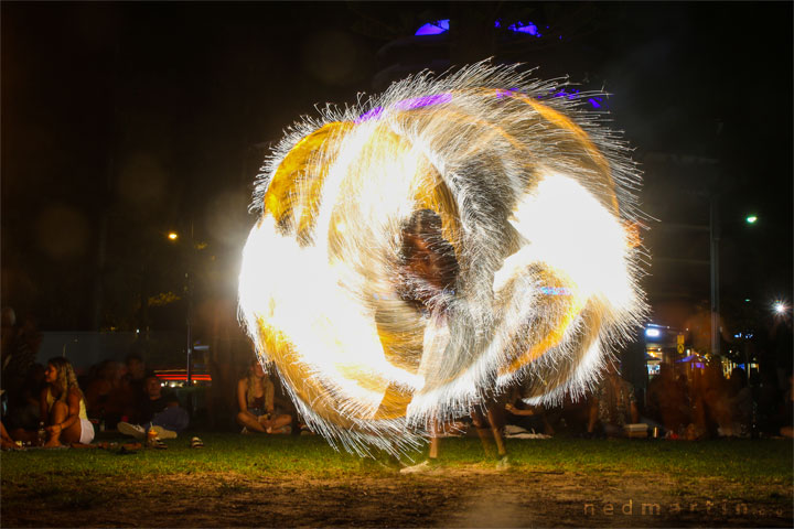 Fire twirling at Burleigh Bongos, Justins Park, Burleigh Heads