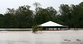 Ducks & a flooded picnic area at College’s Crossing