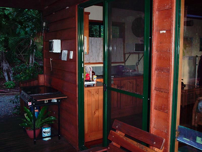 The entrance to the cabin I stayed in. The whole place was redwood with green trim.
