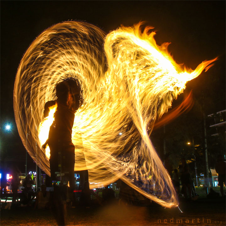 Fire twirling at Burleigh Bongos, Justins Park, Burleigh Heads