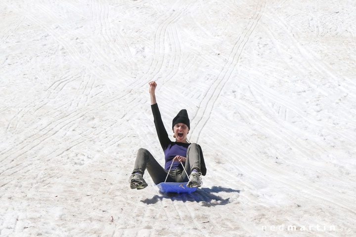 Bronwen tobogganing at Selwyn Snow Resort, Snowy Mountains