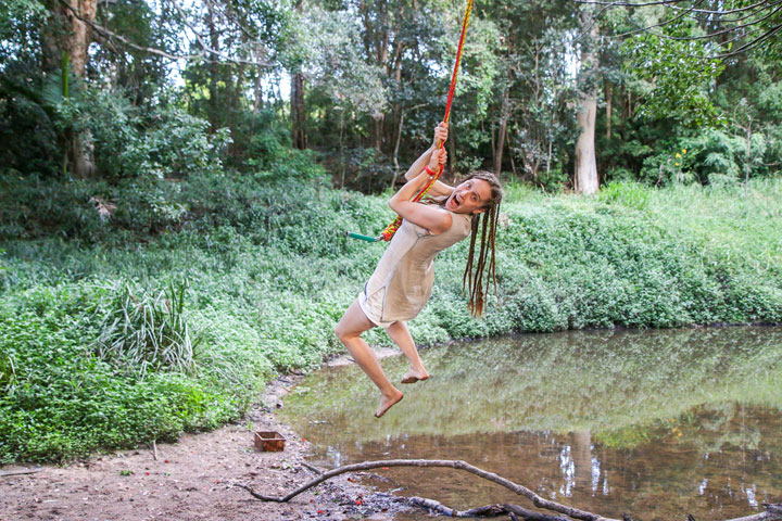 Bronwen playing on a rope swing at Tillack Park