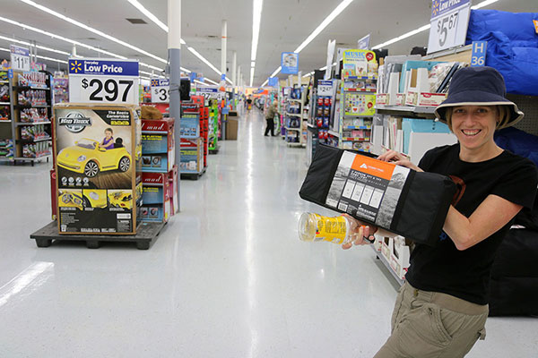 Bronwen buying a tent at Walmart