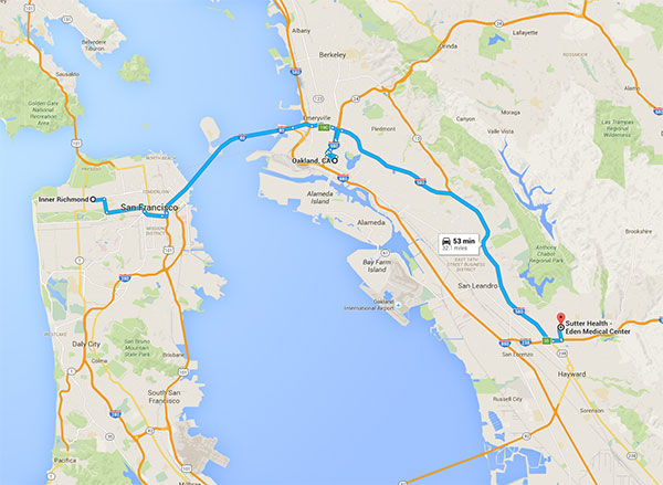 We drove from Maz’s place in Inner Richmond, San Francisco, via Oakland, to Castro Valley, California, where we slept near a hospital.