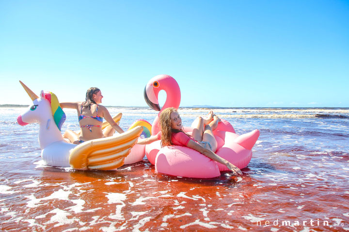 Bronwen & Jacqui at peace with their inflatable animals