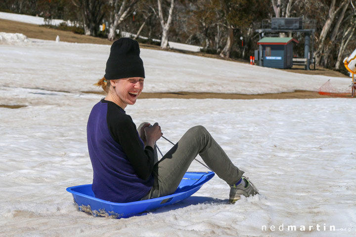 Bronwen tobogganing at Selwyn Snow Resort, Snowy Mountains