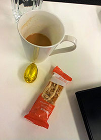 Breakfast: Muesli bar, small Easter egg, & coffee