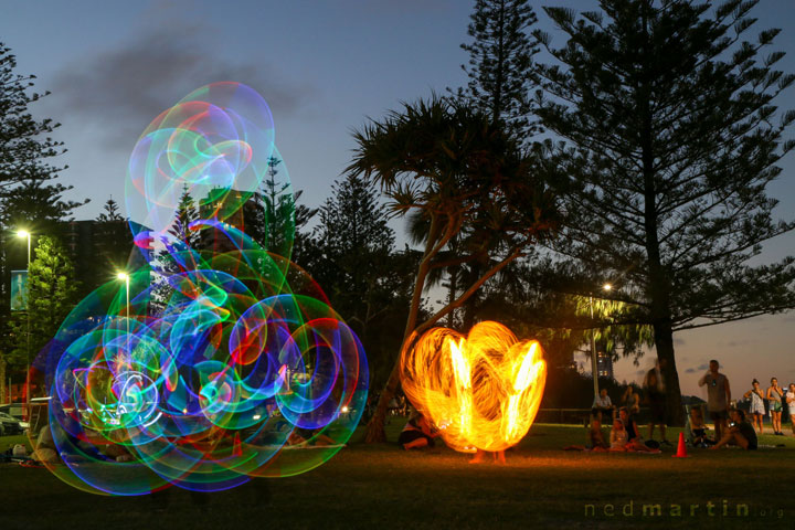 Acro and fire twirling at the last ever Burleigh Bongos Fire Circle, Justins Park, Burleigh Heads
