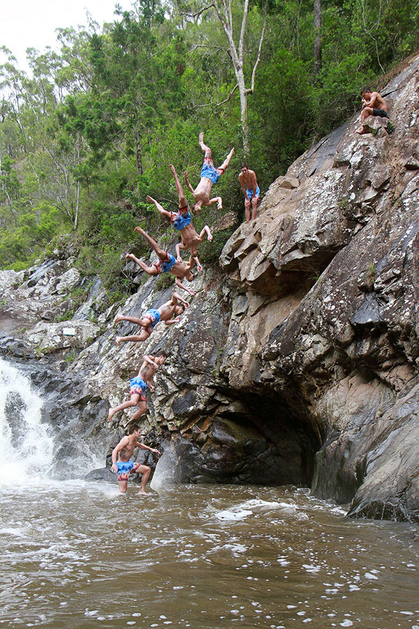 A sort of side-flip, followed by a short demonstration of walking on water