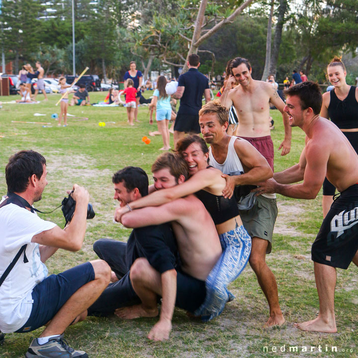 Acro and fire twirling at the last ever Burleigh Bongos Fire Circle, Justins Park, Burleigh Heads