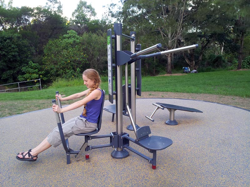 Bronwen testing new exercise equipment in a nearby park. 