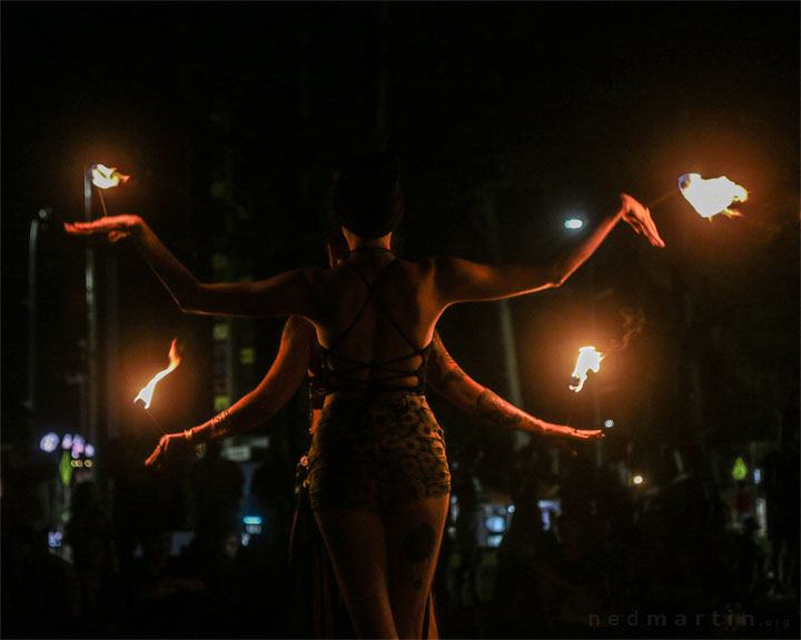 Fire twirling at Burleigh Bongos, Justins Park, Burleigh Heads