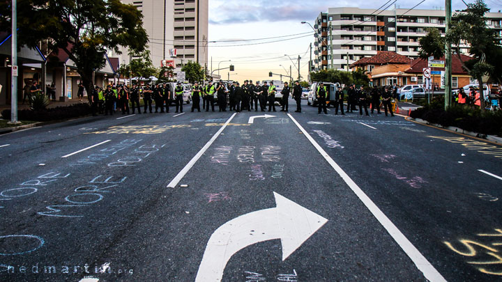 The police line, ready to arrest protesters