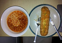 Spaghetti, baked beans & garlic bread for dinner