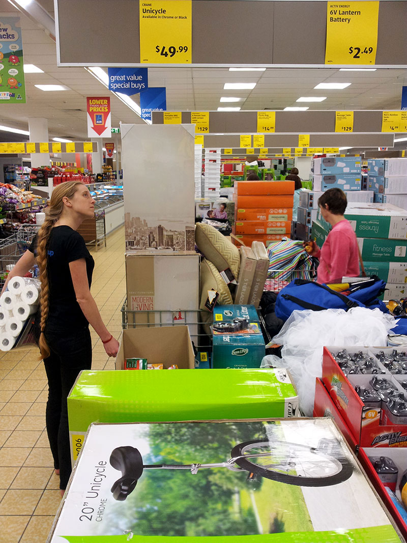 ALDI sells unicycles this week. Conveniently placed beside the 6V lantern batteries. Near the toilet paper.