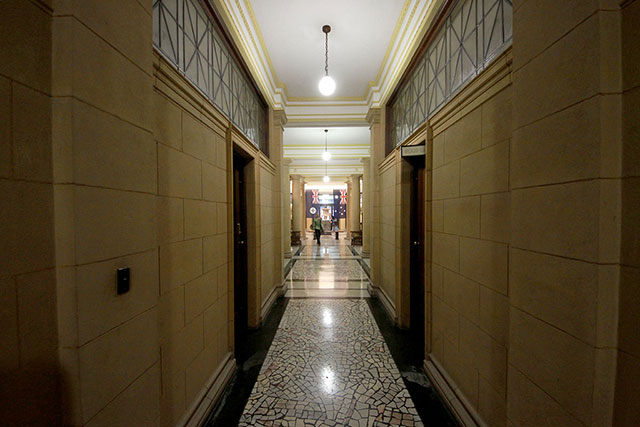 Bronwen in a hall in the Masonic Temple